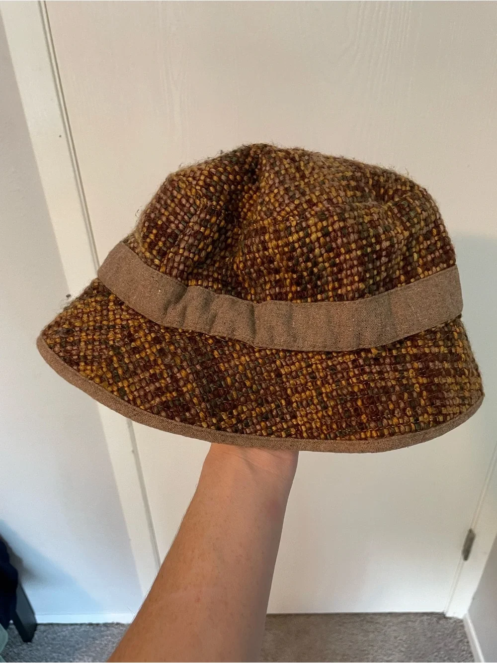Steve Madden Wool Blend Tweed Cloche Hat Brown Gold One size